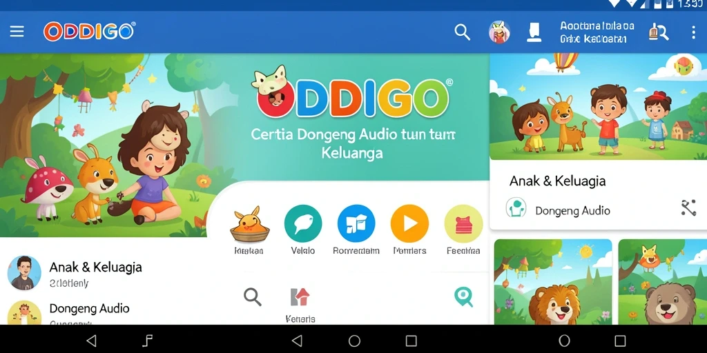 Tampilan antarmuka ODDIGO yang menarik dengan pilihan cerita audio.