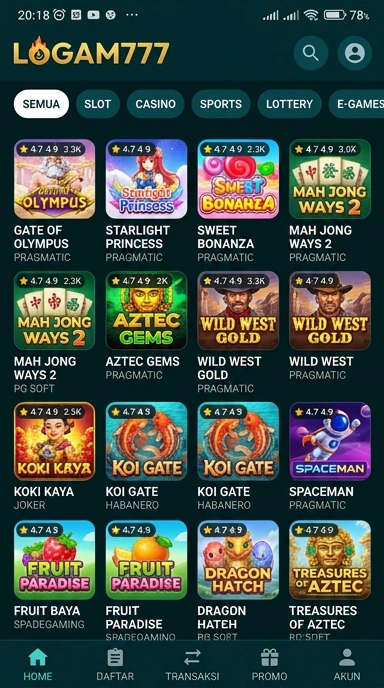 Tampilan katalog aplikasi logam777